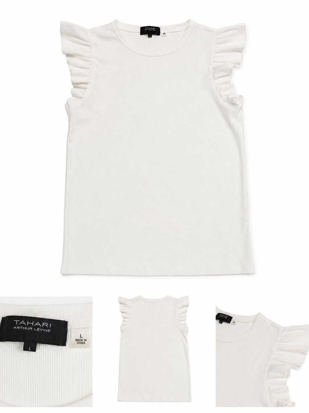 Tahari Flutter Sleeve Ribbed Knit Top – White – Size Small